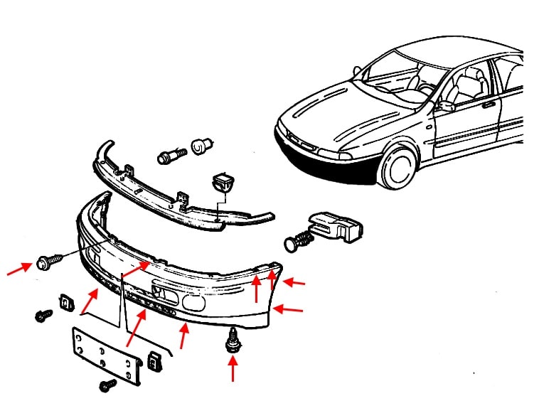 Schéma de montage du pare-chocs avant de la Fiat Marea