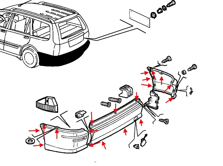 Schéma de montage du pare-chocs arrière Fiat Marea