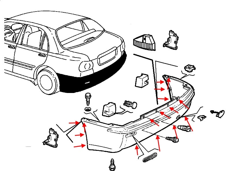 Schéma de montage du pare-chocs arrière Fiat Marea
