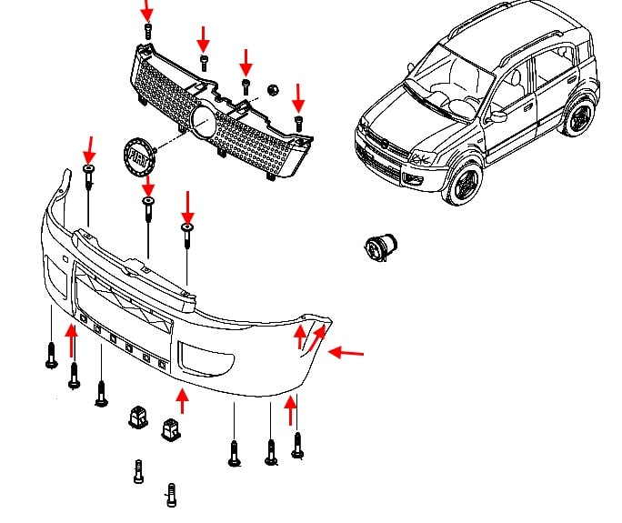 Diagrama de montaje del parachoques delantero del Fiat Panda 2 (2003-2012) 