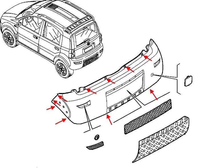 Diagrama de montaje del parachoques trasero del Fiat Panda 2 (2003-2012) 