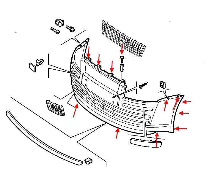 Schema di montaggio del paraurti anteriore Fiat Stilo