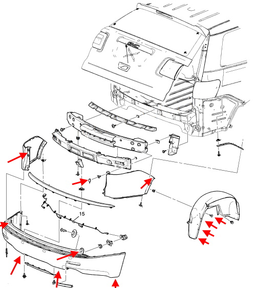 Схема крепления заднего бампера GMC Acadia