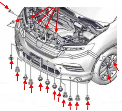 Schéma de montage du pare-chocs avant Honda Pilot (2016-2021)