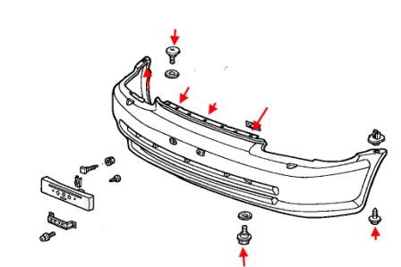 схема крепления переднего бампера Honda Civic 5 (1991-1995)