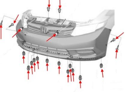 схема крепления переднего бампера Honda Civic 9 (2011-2015)