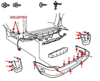 Schéma de montage du pare-chocs arrière Honda CR-V 1 (1995-2001)