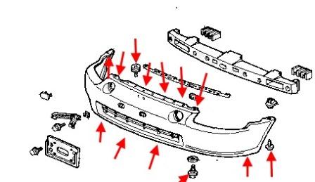 Schéma de montage du pare-chocs avant Honda CR-X (del Sol) (1992-1997)