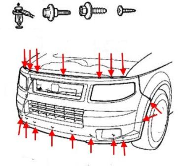 Schema di montaggio del paraurti anteriore Honda Element