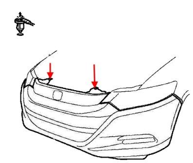Schéma de fixation du pare-chocs avant Honda Insight (après 2009)