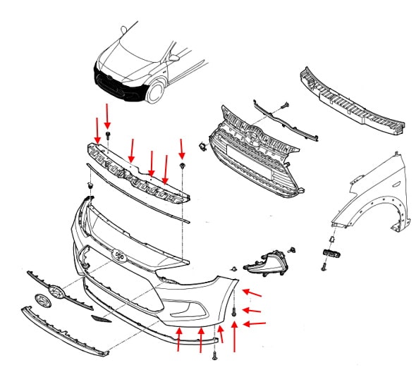 Front bumper mounting diagram Hyundai i20 (2014+)