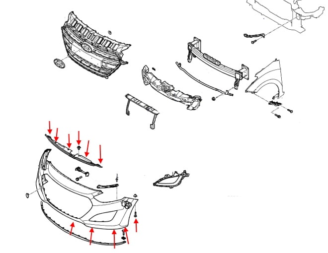 Front bumper mounting diagram Hyundai i30 (2011-2017)