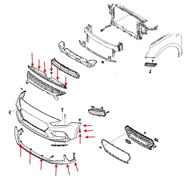 Diagrama de montaje del parachoques delantero del Hyundai i30 PD (2016+)