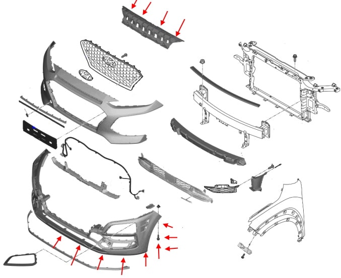 Hyundai Kona front bumper mounting diagram