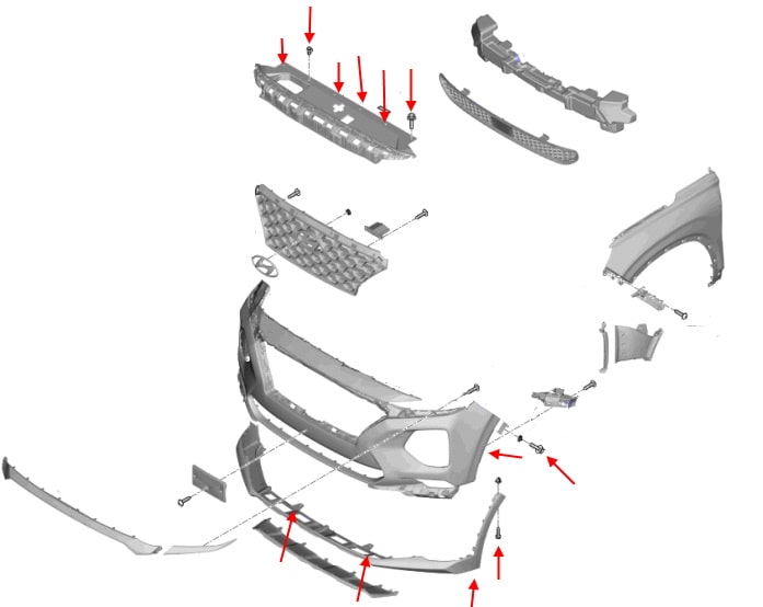 Hyundai Santa Fe Front Bumper Mounting Diagram (2018+)