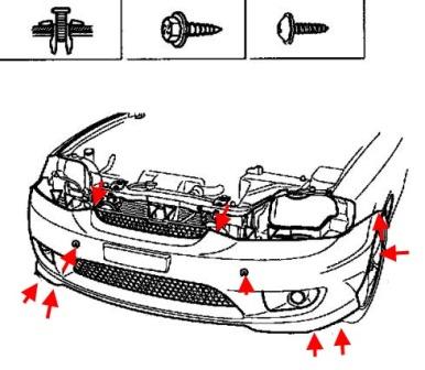 the scheme of fastening of the front bumper Hyundai Coupe (Tiburon) (2002-2008)