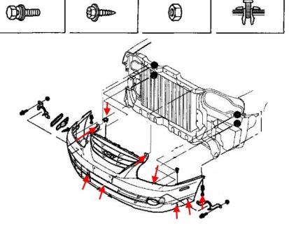 scheme of fastening of front bumper for Hyundai Elantra (2000-2006)