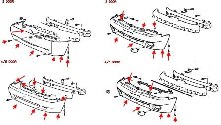 Hyundai Accent X3 front bumper mounting diagram (1994-1999)