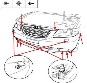 Montageschema für die vordere Stoßstange Hyundai Grandeur (Azera) (2005-2011)