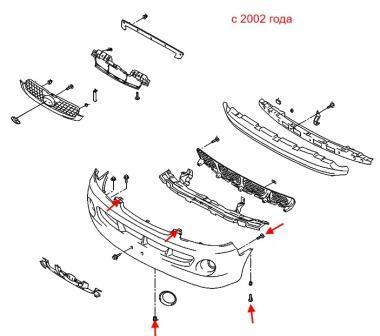 the scheme of fastening of the front bumper the Hyundai H-1 (1996-2007)