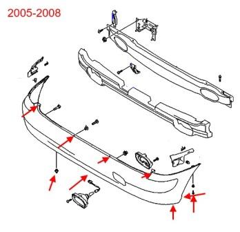 the scheme of fastening the rear bumper of the Hyundai Matrix