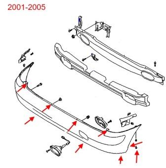 the scheme of fastening the rear bumper of the Hyundai Matrix