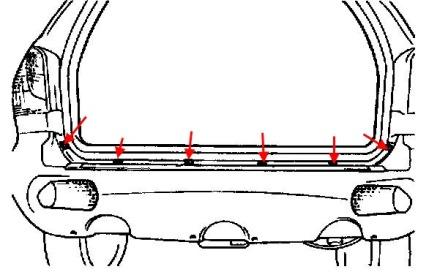 the scheme of fastening of the rear bumper Santa Fe 1 (2000-2006)