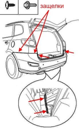 the scheme of fastening of the rear bumper Hyundai Santa Fe 2 (2006-2012)