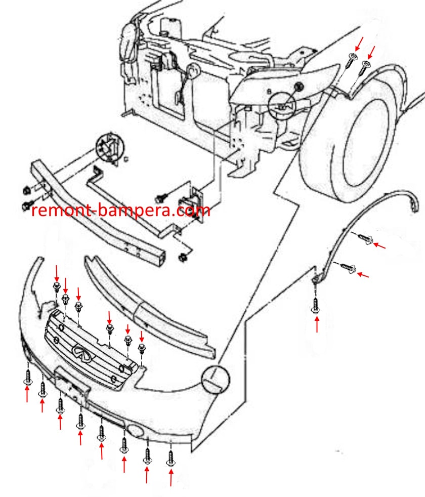 Schéma de montage du pare-chocs avant Infiniti FX I S50 (2003-2008)