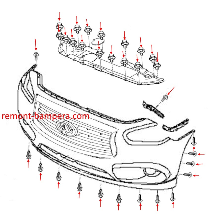 Схема крепления переднего бампера Infiniti JX35 / QX60 (2013-2020) 