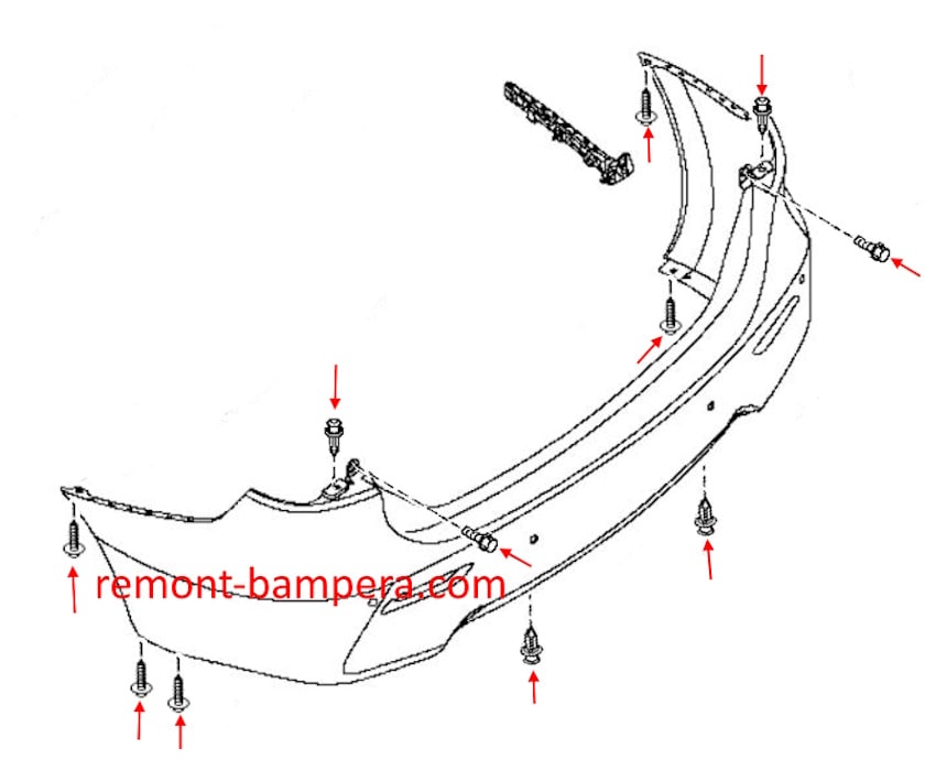 Схема крепления заднего бампера Infiniti JX35 / QX60 (2013-2020) 