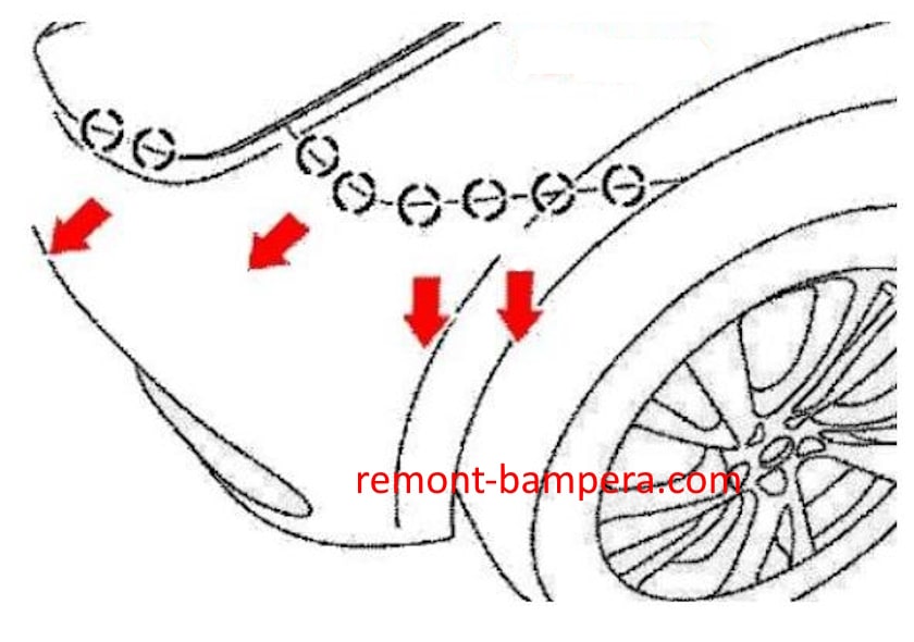 Схема крепления переднего бампера Infiniti JX35 / QX60 (2013-2020) 