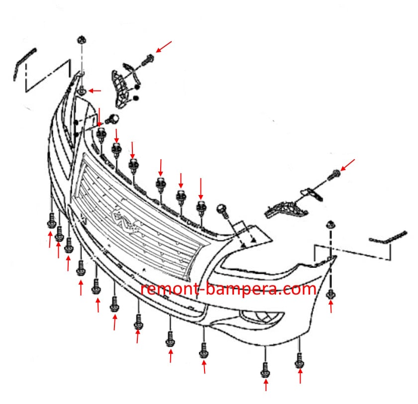 Schéma de montage du pare-chocs avant Infiniti M/Q70 IV (Y51) (2010-2019)