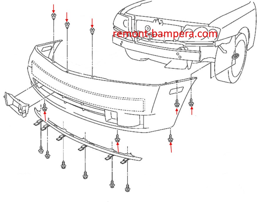Схема крепления переднего бампера Infiniti M45 (Y34) (2002-2004) 