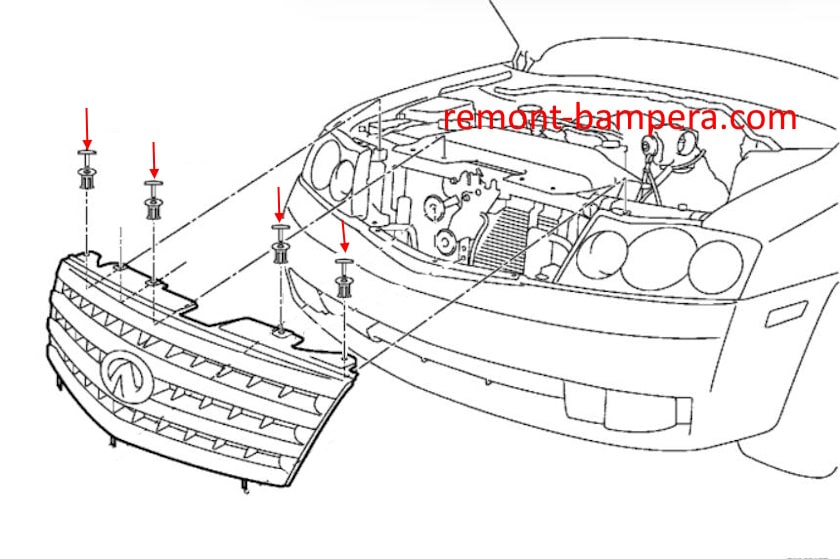 Схема крепления решетки радиатора Infiniti M45 (Y34) (2002-2004) 
