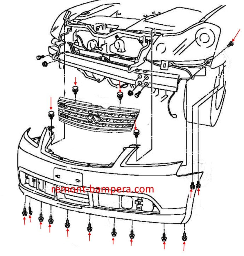 Schéma de montage du pare-chocs avant Infiniti M45 / M35 III (Y50) (2005-2010)