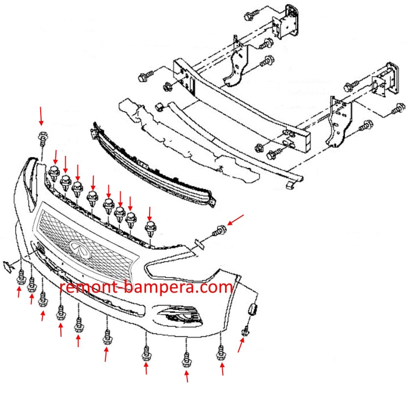 Schéma de montage du pare-chocs avant Infiniti Q50 (V37) (2014-2023)