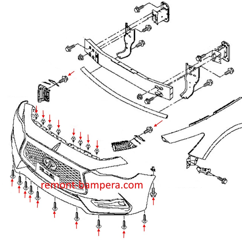 Schéma de montage du pare-chocs avant Infiniti Q60 II (2017-2022)