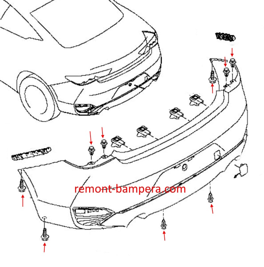 Schéma de montage du pare-chocs arrière Infiniti Q60 II (2017-2022)