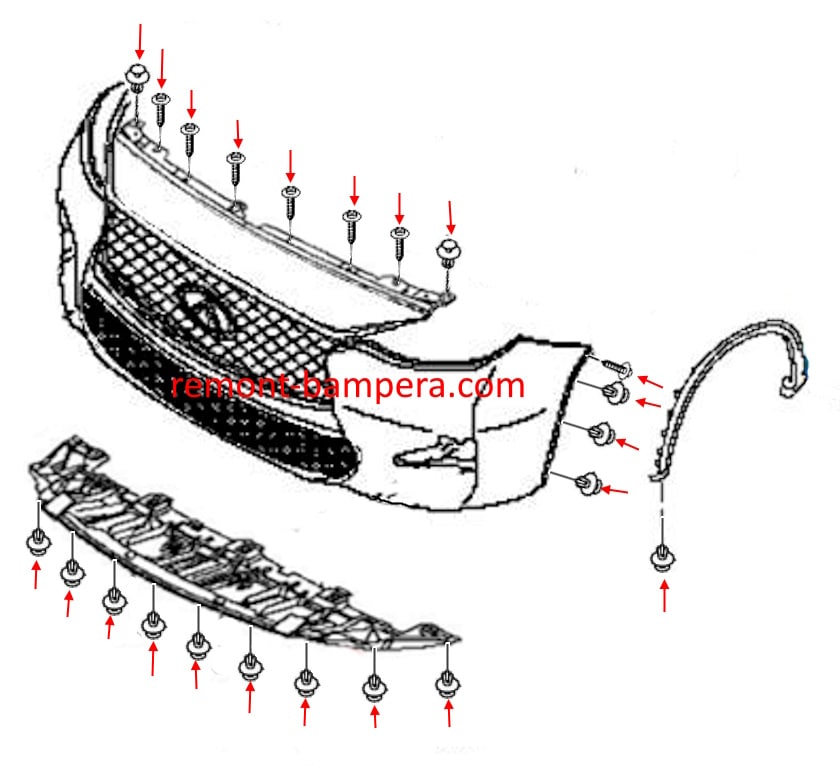 Esquema de montaje del parachoques delantero Infiniti Q30 / QX30 (2015-2019)