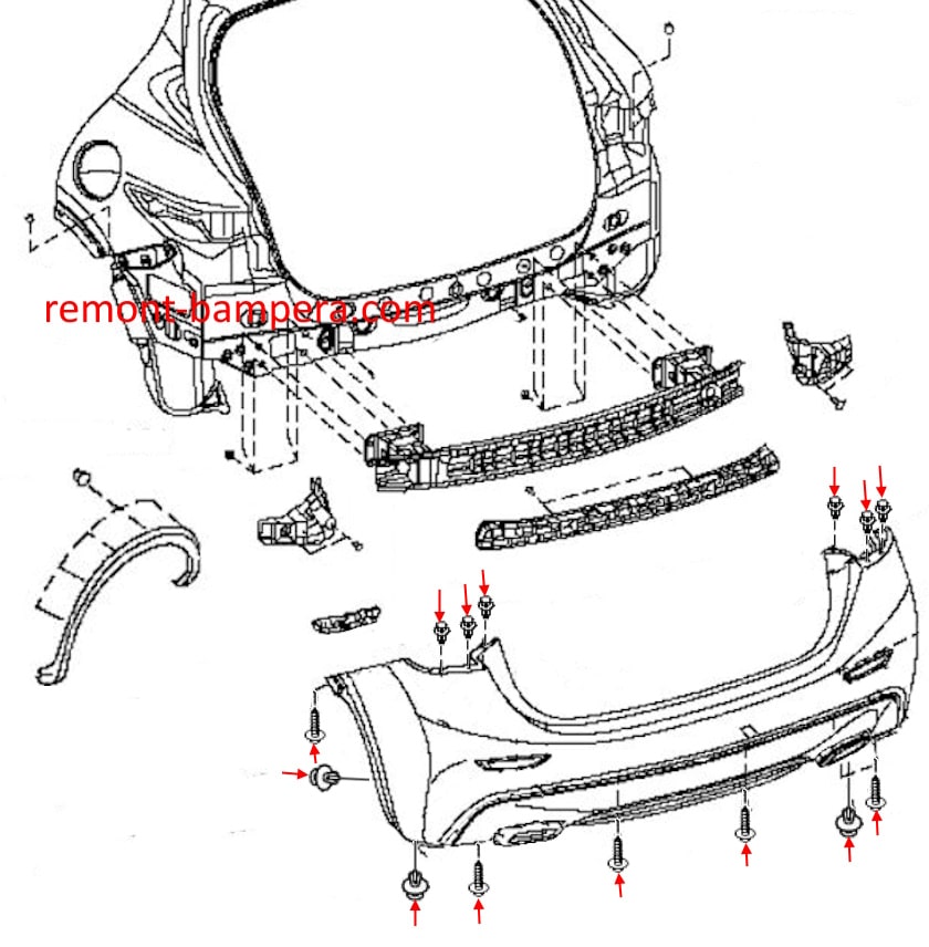 Esquema de montaje del parachoques trasero Infiniti Q30 / QX30 (2015-2019)