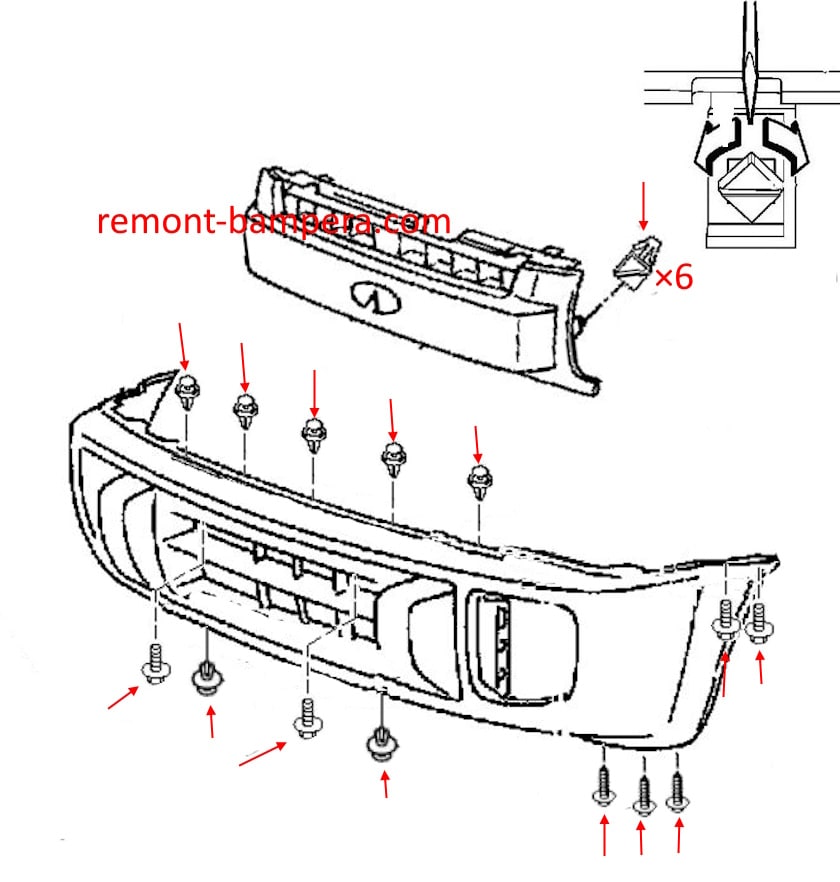 Schéma de montage du pare-chocs avant Infiniti QX4 (1996-2003)
