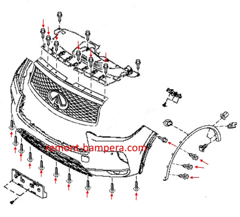 Schéma de montage du pare-chocs avant Infiniti QX50 II / QX55 (2017-2023)