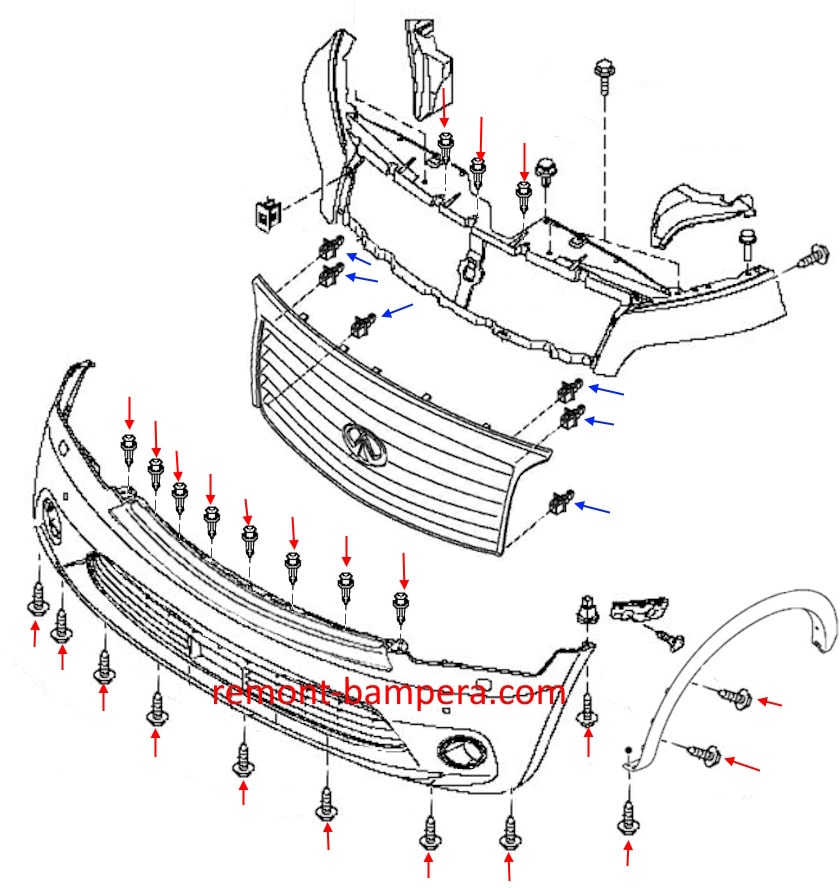 Схема крепления переднего бампера Infiniti QX56 II / QX80 (2010-2023)
