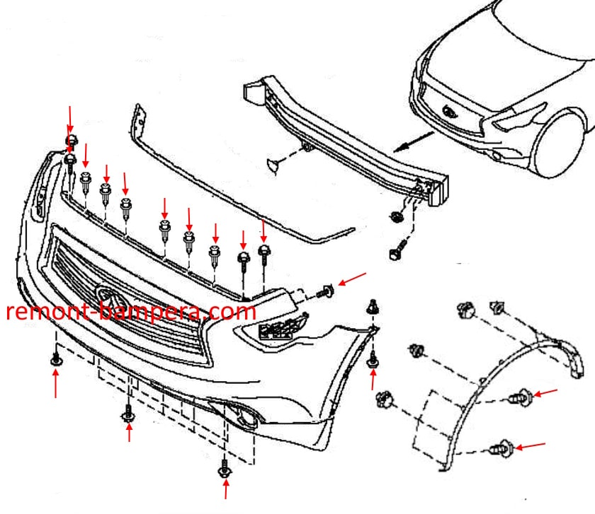 Schéma de montage du pare-chocs avant Infiniti QX70 (2013-2017)