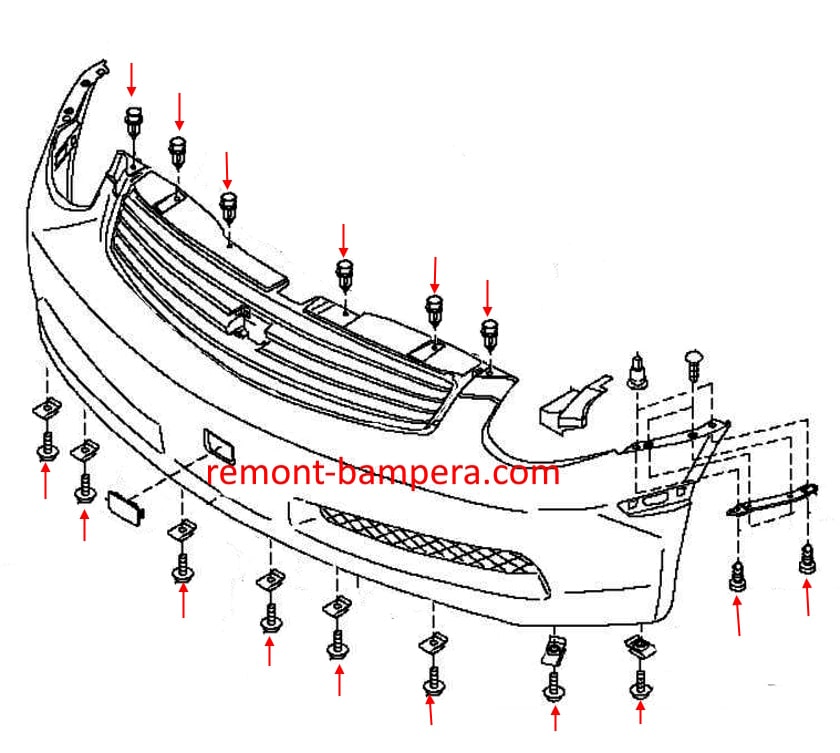 Schéma de montage du pare-chocs avant Infiniti G35 (V35) (2002-2007)