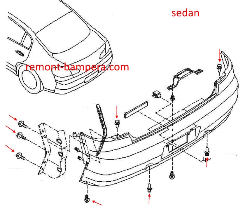 Schéma de montage du pare-chocs arrière Infiniti G35 (V35) (2002-2007) Berline