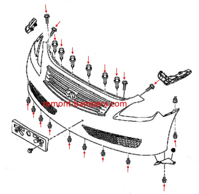 Esquema de montaje del parachoques delantero Infiniti G25, G35, G37 (2007-2015)