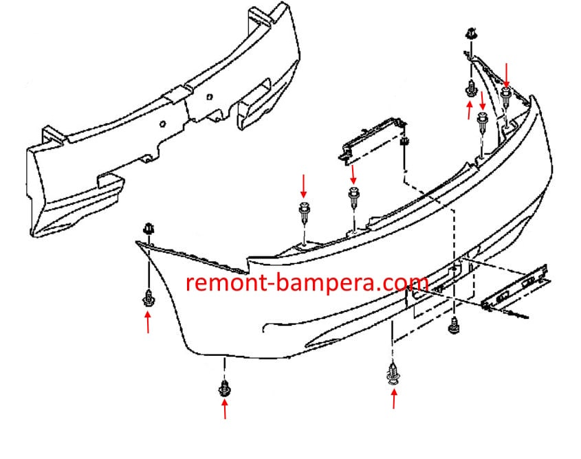 Esquema de montaje del parachoques trasero para Infiniti G25, G35, G37 (2007-2015)