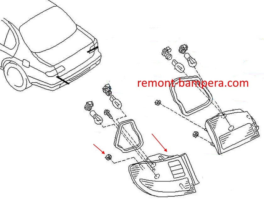 Schéma de montage des feux arrière Infiniti I30 / I35 (1999-2004)